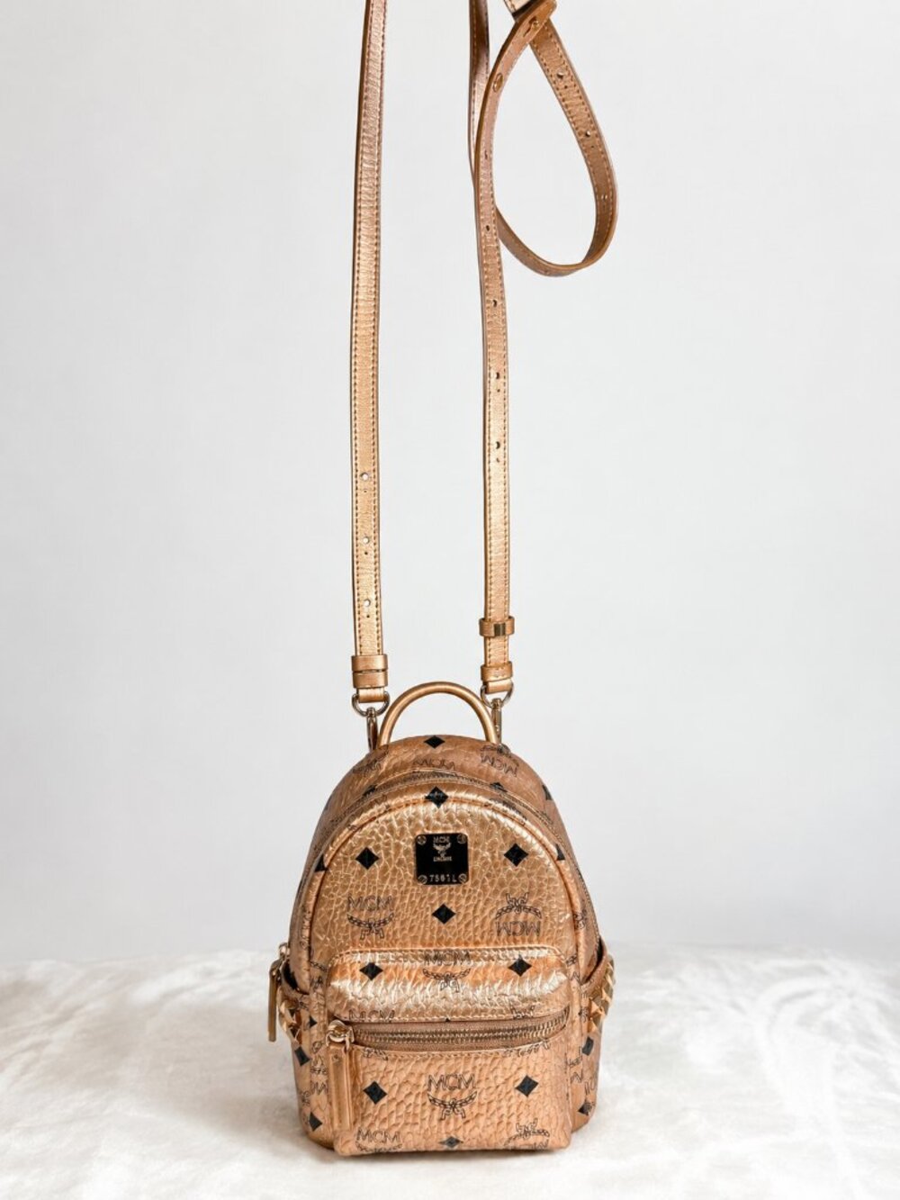 MCM Stark Mini Rose Gold Visetos Studded Backpack - Picture 6 of 12
